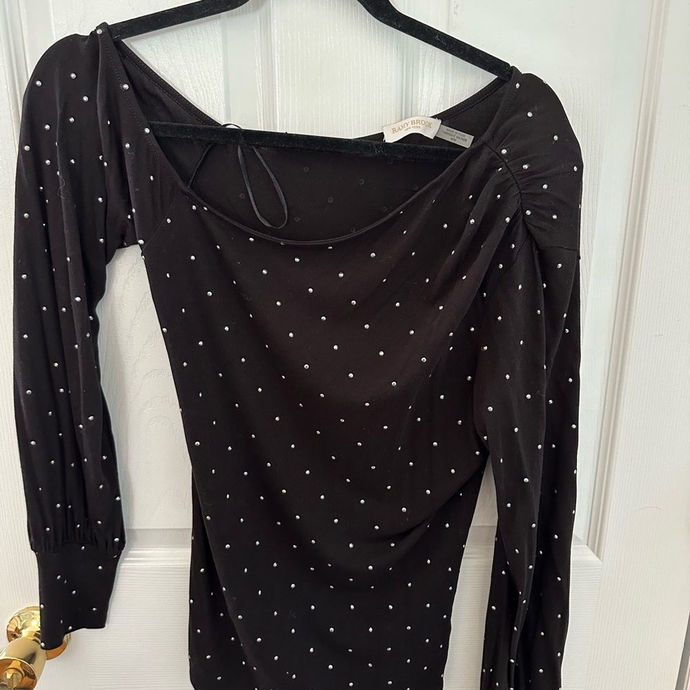 Black Ramy Brook Alice Rhinestone Long Sleeve Off the ShoulderTop